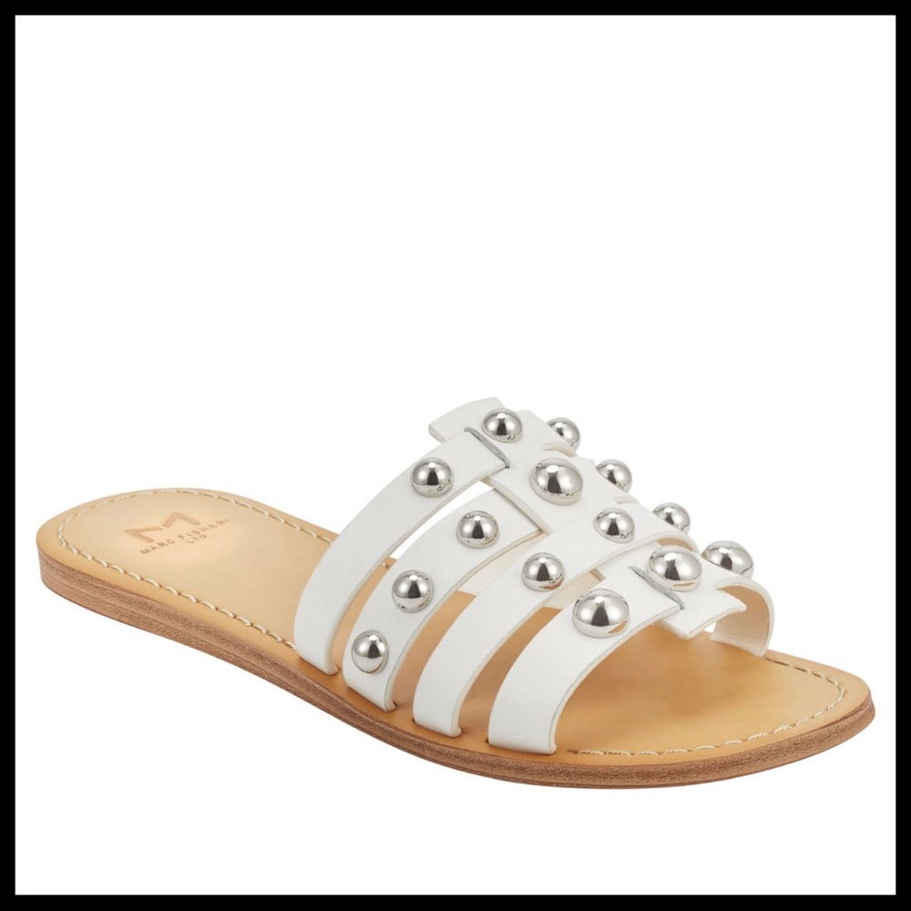 WHITE LEATHER SLIDES SLIP ON FLATS SANDALS A2C - Picture 11 of 12